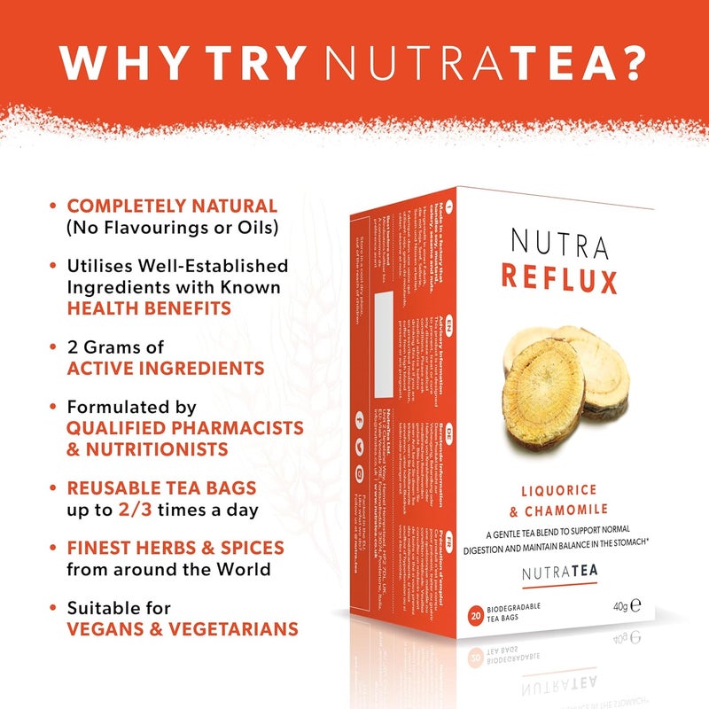 Nutra Tea Nutra Reflux Herbal Tea - Liquorice & Chamomile Blend for Digestive Health - 20 Biodegradable Tea Bags - Image 3